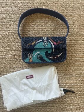 STAUD Navy Tommy Beaded Shoulder Bag with Turquoise Wave Motif